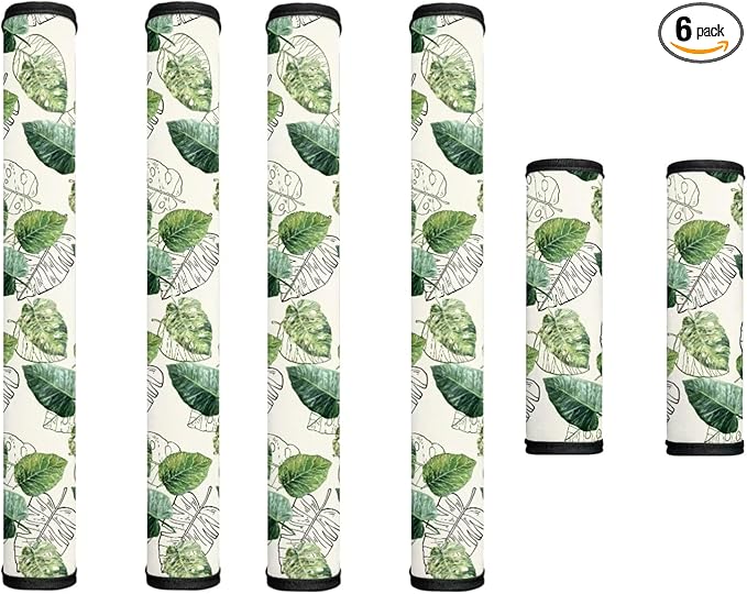 Fridge Door Handle Covers Set of 6 Washable Kitchen Electric Appliances Handle Protector Anti-Skid Home Decor Oven Refrigerator Microwave Accessories, Green Leave Cream White