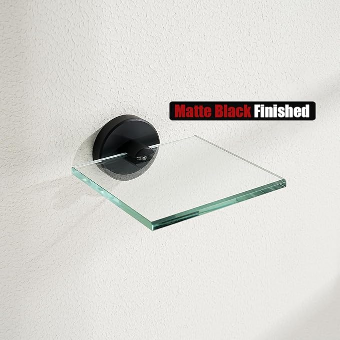 JQK Small Floating Glass Shelves Black, 4 Inch Display Ledges for Wall, Mini Decor, Living Room Bedroom Bathroom, Tempered Glass Shower Storage, 2 Pack, TGS101L4-PB-P2