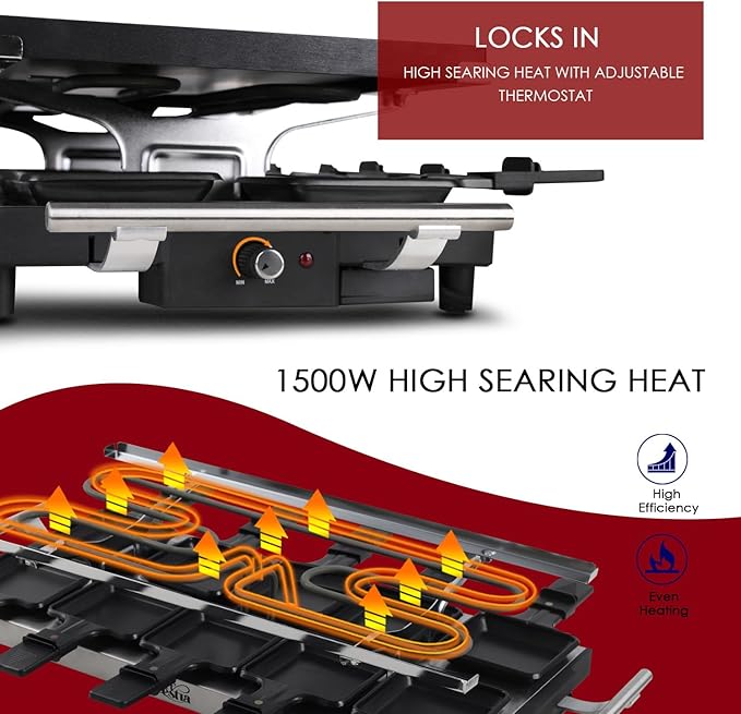 Artestia 1500W Large Size Raclette Cheese Grill Adjustable Temperature Korean BBQ Grill, Cheese Raclette with Grill Stone and Food-Grade Ceramic Glaze Reversible Aluminum Plate for Parties Family