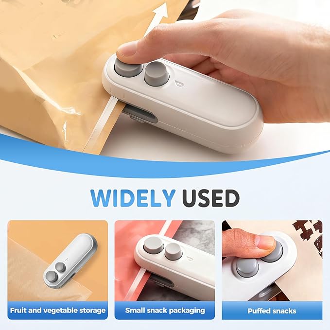 Mini Bag Sealer, Upgraded 2 in 1 Mini Bag Sealer with Cutter and Magnet, Magnetic Portable Plastic Bag Sealer for Snacks, Chips, Food Freshness Storage (2, White)