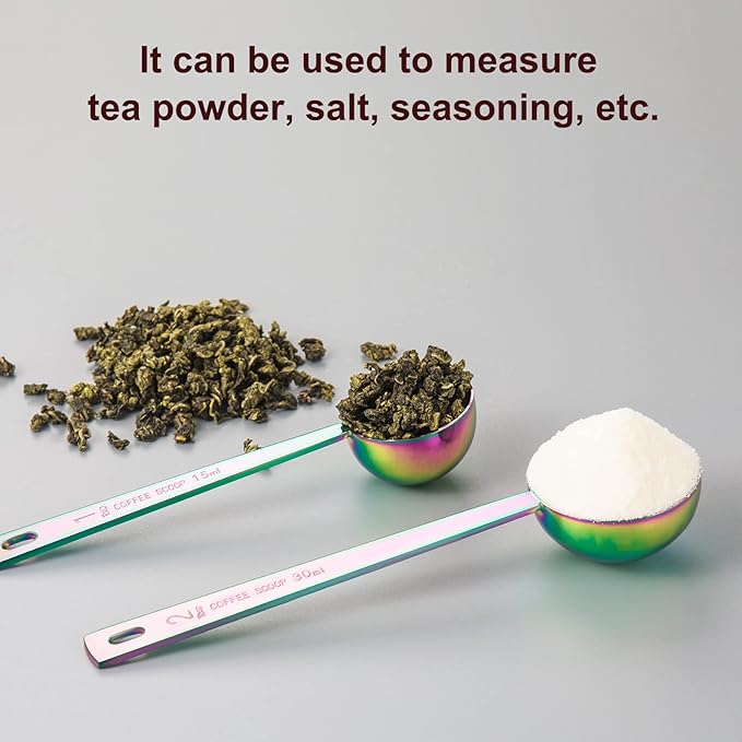 Safring Premium coffee scoop set, set of 2, Metal stainless steel long handle coffee scoop, measuring coffee spoons contains 1 tablespoon (15 ml) and 2 tablespoons (30 ml) multicolor spoon