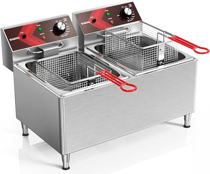 EGGKITPO Deep fryers Commercial Deep Fryer 12L x 2 Large Dual Tank Electric Countertop Fryer for Restaurant with 2 Frying Baskets and Lids, 1800W x 2, 120V