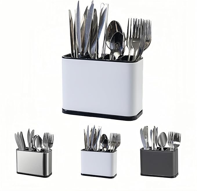 LIBODOUR Utensil Holder,Stainless Steel Caddy Counter,Spoon holder,4 Compartments Silverware Caddy,Capacity Flatware Spoon Fork Tool Cutlery Holder（White）