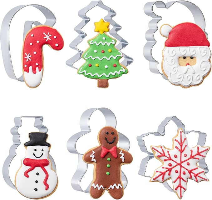 Husfunov Christmas Cookie Cutters Set 6 Pieces,Stainless Steel Metal Cutter with Christmas Tree, Gingerbread Man, Snowman, Snowflake, Candy Cane, Santa Face Shapes for Holiday