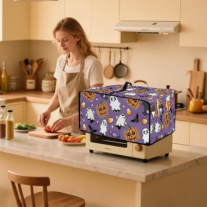 Air Fryer Toaster Oven Cover with Side Pockets, Protective Electrical Appliance Cover Kitchen Countertop Accessories, L, Ghost Pumpkin Bat Candy Violet Halloween Decor