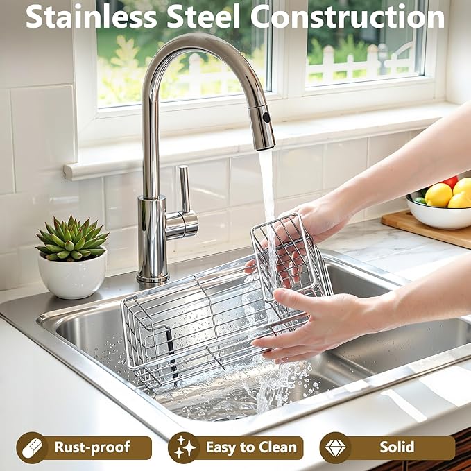 Shinowa Kitchen Dish Soap Dispenser Set, 14OZ Glass Bottle with Rustproof 304 Stainless Steel Sponge Holder and Instant Dry Tray, Hand and Dish Soap Dispenser Set for Kitchen Sink Organizer, Silver