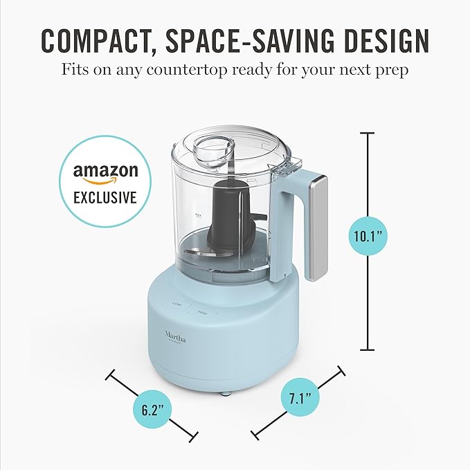 Martha Stewart 3 Cup Electric Food Chopper, Vegetable & Herb Mini Food Processor, 24oz BPA-Free Bowl, Stainless Steel Blades, Pour Spout, Dicing, Mincing, Chop & Puree, Dishwasher Safe, Sky