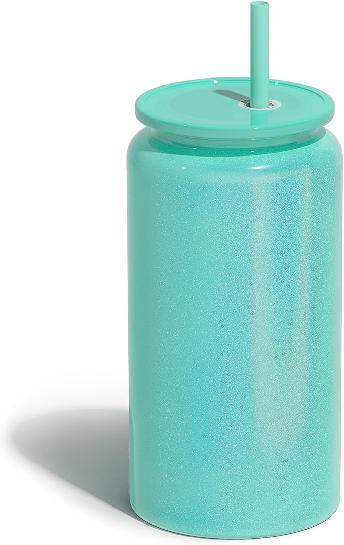 Glass Cups with Lids and Straws, 16oz Stainless Steels Cups, Beer Cups, Iced Coffee Cup, Smoothie Cup, Sublimation Tumbler, Cyan (Shiny Polished Finish, Sublimatable)