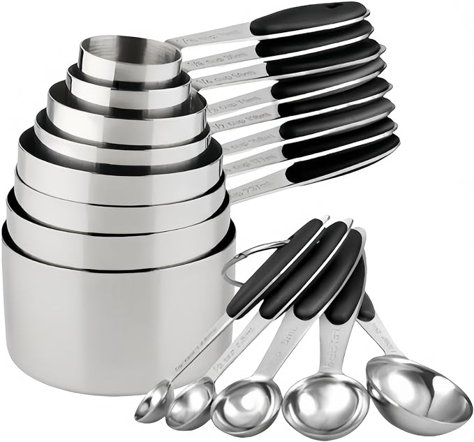 Measuring Cups and Spoons Set with Silicone Handle, Set of 13 Including Stainless Steel 8 Measuring Cups & 5 Measuring Spoons. Widely Used Cooking Baking Measurement as Kitchen Gadget.