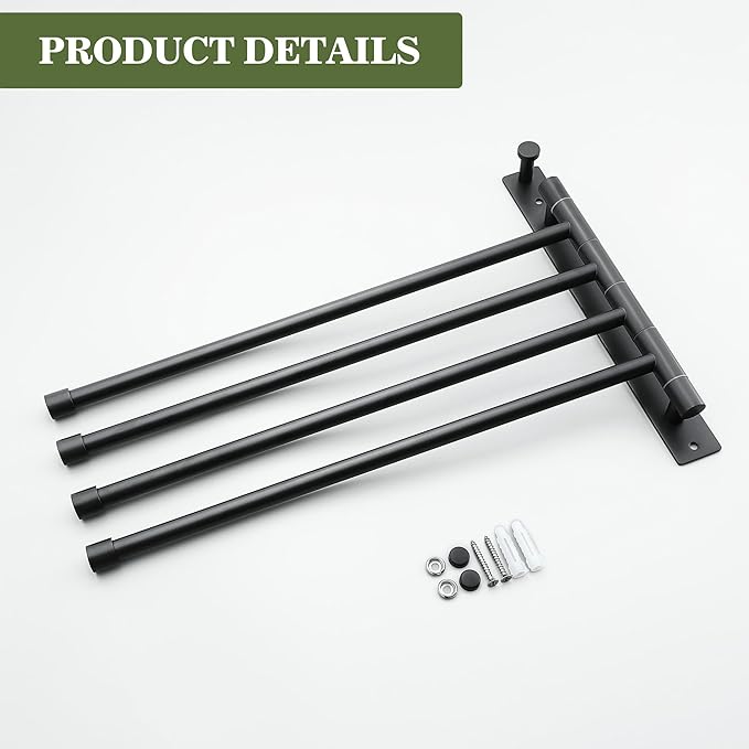 Alise Swivel Towel Rack, SUS304 Stainless Steel 4 Arms Towel Bar, Space Saving Swing Out Towel Bar with Hook, Towel Racks Wall Mounted for Bathroom, Matte Black