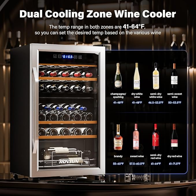 ROVSUN 33 Bottle Wine Fridge, Dual Zone Wine and Beverage Refrigerator with Independent Temp & LED Control Panel, Freestanding Wine Cooler Chiller for Red White Wine, Champagne, Beer
