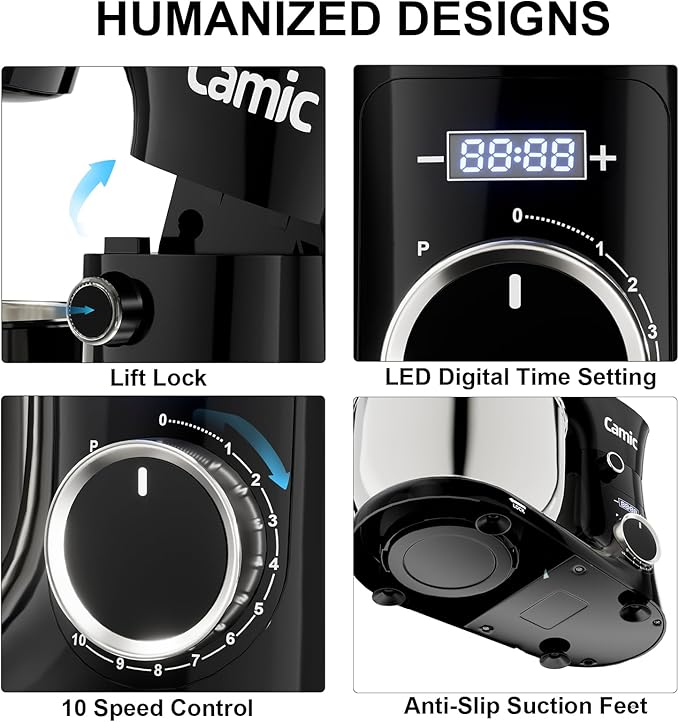 Camic Stand Mixer, 4.2QT+5.3QT Two bowls Electric Food Mixer, 10 Speeds with Digital setting 3-IN-1 Kitchen Mixer for Baking Cakes Cookie Bread Salad with Egg Whisk,Dough Hook,Flat Beater (Black)
