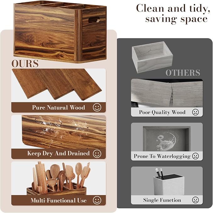 Yirilan Wooden Kitchen Utensil Holder for Counter, Acacia Wood Utensil Holder for Storage Cooking and Silverware with 3 Compartment, Rustic Wooden Organizer Container