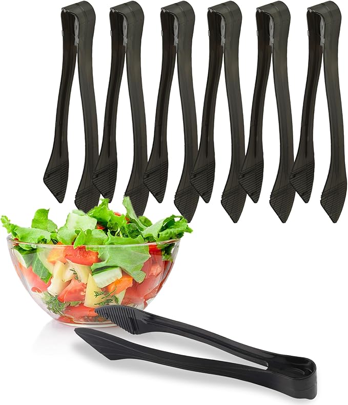 PARTY BARGAINS 8.5 Inches Plastic Serving Tongs, 6 Pack, Premium Quality & Heavy-Duty Black Plastic Tongs for BBQ, Salads, Grilling, Buffets, & Kitchen