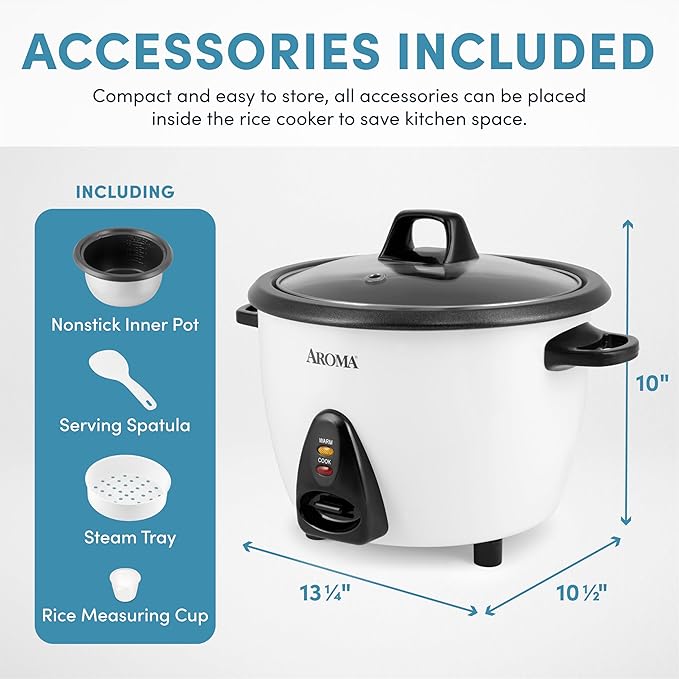 AROMA Rice Cooker, 10-Cup (Uncooked) / 20-Cup (Cooked), Steamer, Auto Keep Warm, Soup Maker, Oatmeal Cooker, Large Rice Cooker, 5 Qt, White, ARC-360-NGP