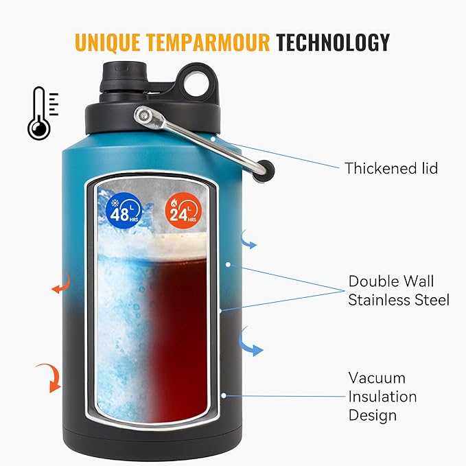 Insulated Gallon Jug with Handle, One Gallon, 128oz Stainless Steel, Large Double Vacuum Water Bottle for Cold Drinks, Wide Mouth, Sweat Proof, Carrier bag, Great for Travel, Camping, Blue Gradient