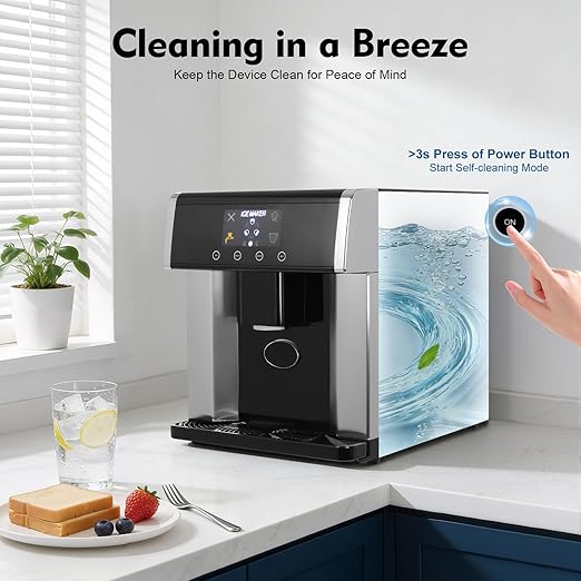 2-in-1 Nugget Ice Maker & Cold Water Dispenser, Portable Countertop Ice Maker Dispenser with LCD Display Self-Cleaning Mode, Touch Control 8-12mins Electric Ice Dispenser for Home, Office