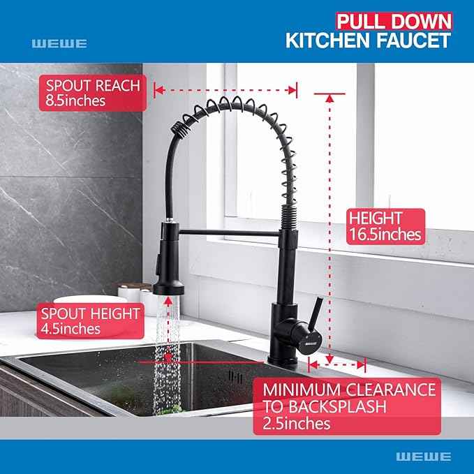 WEWE Faucet for Kitchen Sink, Kitchen Faucets Black Stainless Steel Commercial Spring Kitchen Faucet with Pull Down Sprayer, One Hole or 3 Hole Kitchen Faucet for RV Outdoor Farmhouse Camper Bar Sinks