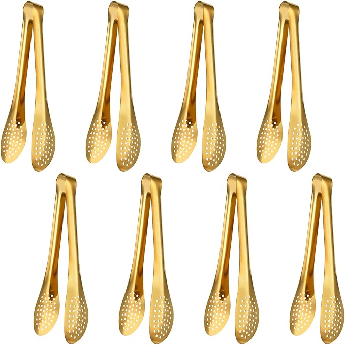 8 PCS Serving Tongs 9 Inch, Gold Tongs for Serving Food, Stainless Steel Tongs for Serving, Serving Utensils Cooking Clips for Buffet, Appetizer, Dessert, Parties