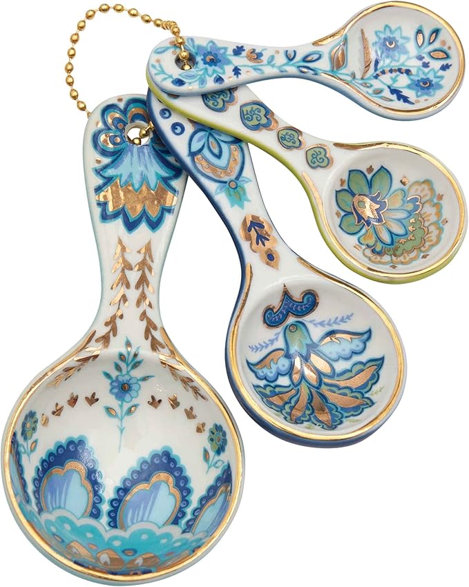 Mary DiSomma’s Ceramic Measuring Spoons (Set of 4) | Unique Signature Floral Print Design for each, Gold Overlay, Teal, Blue, Robin’s Egg Blue, Lime Green, Metallic Gold Chain, Boxed gift set