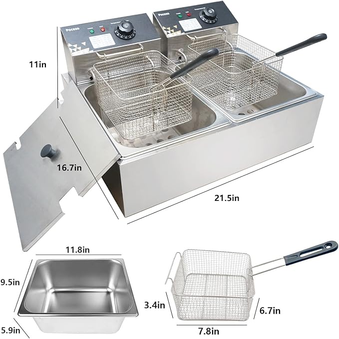 Electric Deep Fryer 17.2L/18.2QT Stainless Steel Dual Tank Commercial Fryer with Basket, 3400W 110V Countertop Deep Fryer for Home Kitchen and Restaurant Use with Oil Thermometer & Temperature Control