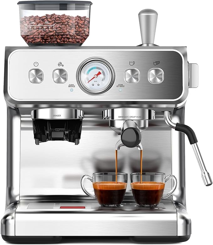(2026 Upgrade) Espresso Machine with Grinder, Expresso Coffee Machines with Built-in Anti-Clog Coffee Grinder/Milk Steam Wand/Frother, Expresso Machines for Home Perfect Cappuccino & Latte-Silver