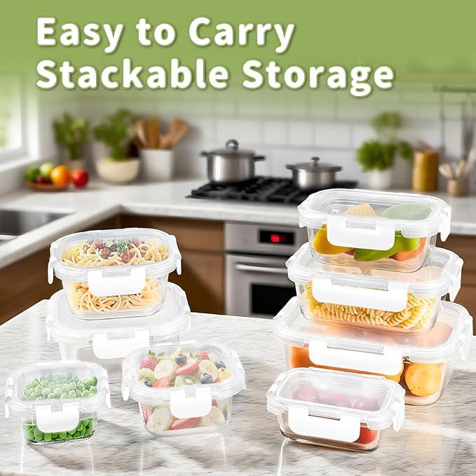 HOMBERKING 8 Pack Glass Food Storage Containers with Lids, Meal Prep Containers, Airtight Bento Boxes with Leak Proof Locking for Microwave, Oven, Freezer and Dishwasher, BPA Free, 5-35oz, white