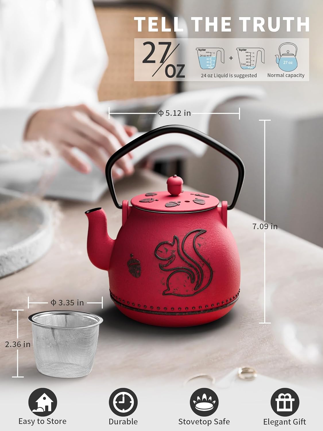 Toptier Teapot with Removable Infuser, Cast Iron Tea Kettle Stovetop Safe, Squirrel Design Tea Pot Coated with Enameled Interior for 32 Ounce (950 ml), Red