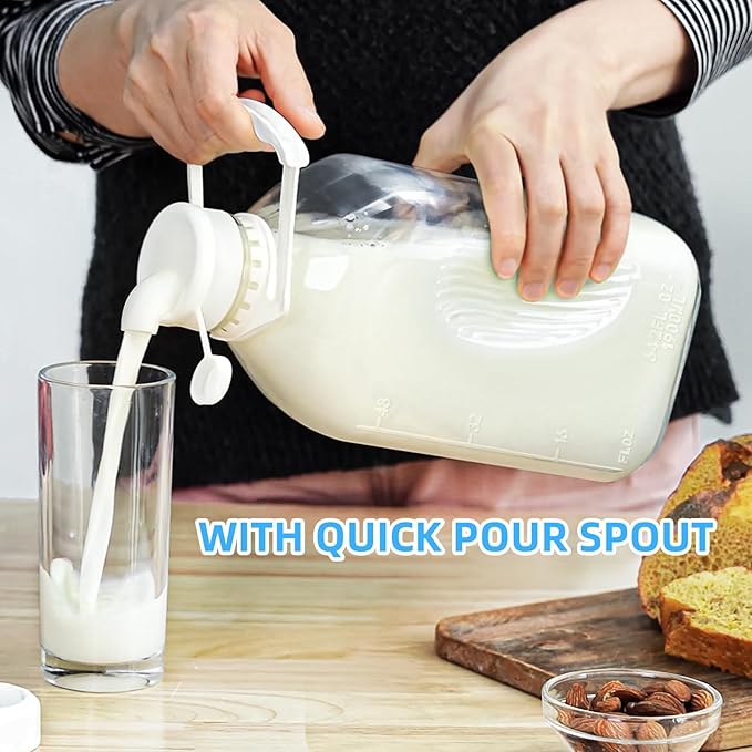 Syntic 4 Pack 2 Qt Glass Milk Bottles with Handle and Airtight Reusable Screw Lids, 1/2 Gal Glass Water & Juice Bottles with 2 Pour Spouts, 64 Oz Milk Jug Pitcher w Scale