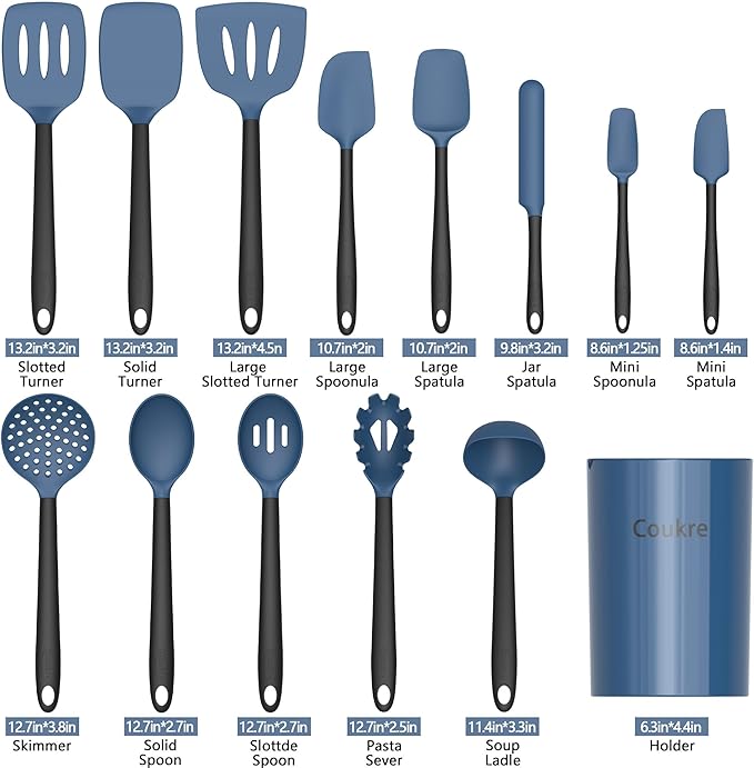 Coukre Silicone Kitchen Cooking Utensils Set with Holder – Heat-Resistant, Food-Grade Kitchen Tools, Spatula, Spoon & Gadgets for Non-Stick Pans, Dishwasher Safe (14, DarkBlue)
