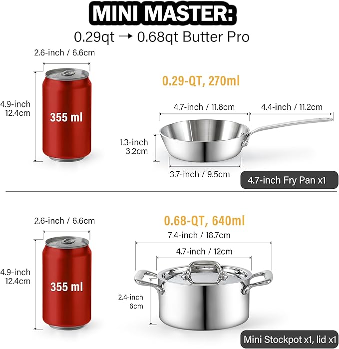 Cooks Standard Multi-Ply Clad Stainless Steel Butter Warmer Set, Mini Cookware Duo Set, Stainless Steel Butter Melting Pots, Fry Pan 4.7 Inch & Casserole 0.68 Qt, Mini Pot and Pan, 3 Pieces, Silver