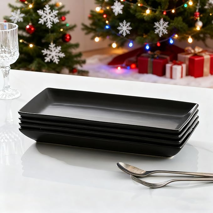 Gomakren Serving Platter Serving Dishes, 14 Inch Porcelain Serving Trays for Party, Large Serving Platters and Trays, Rectangular Sushi Plates for Entertaining Thanksgiving Christmas, Set of 4, Black