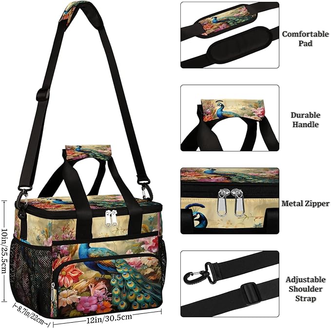 Pardick Lunch Box for Women Men Flower Peacock Insulated Lunch Bag Leakproof Large Lunchbox for Adults with Adjustable Shoulder Strap, Cooler Tote Bag for Work, Picnic, Beach