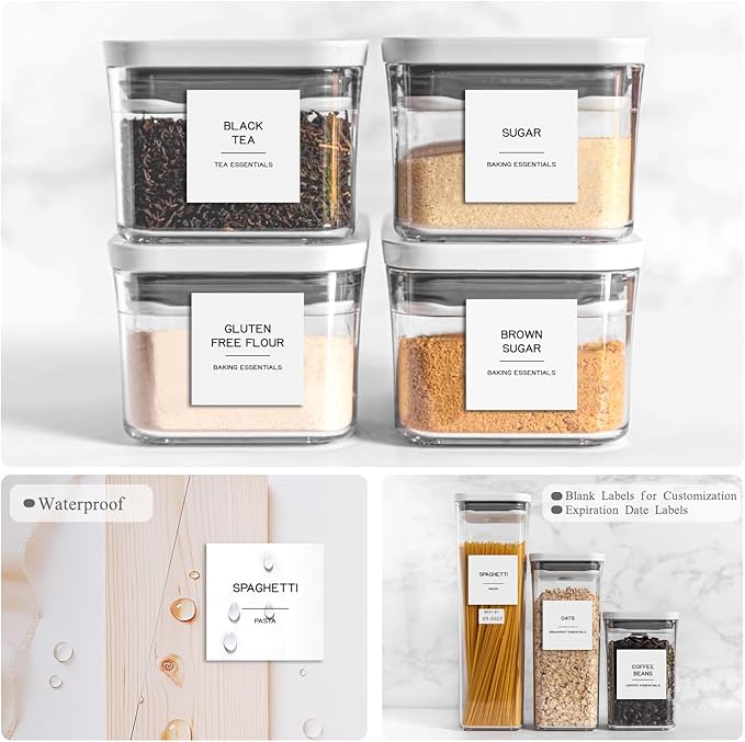 288 Pantry Labels for Food Containers, Preprinted Minimalist Waterproof Stickers for Organizing Storage Bins, Jars and Kitchen