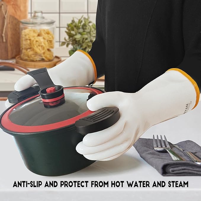 DEYAN Silicone BBQ Gloves - 600°F Heat Resistant Oven Mitts for Grilling, Smoking & Baking - Waterproof, Oil Proof Non-Slip Kitchen Gloves for Cooking, Frying, BBQ Accessories(White, 9/L)