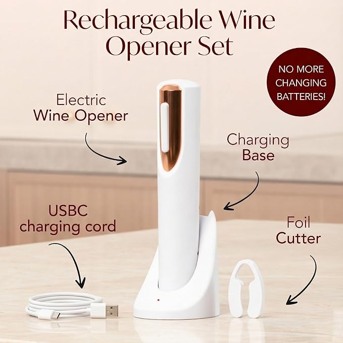 Rechargeable Electric Wine Bottle Opener - Charging Base and Foil Cutter Included with Automatic Wine Opener - Electric Corkscrew for Easy Cork Removal - Best Gift for Wine Lover (White & Rose Gold)