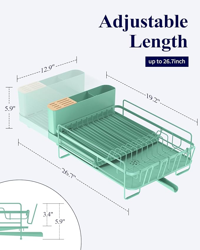 Kitsure Large Dish Drying Rack - Extendable Dish Rack, Multifunctional Dish Rack for Kitchen Counter, Anti-Rust Dish Drainers with Cutlery & Cup Holders 19.2"-26.7" L x 12.9" W, Green