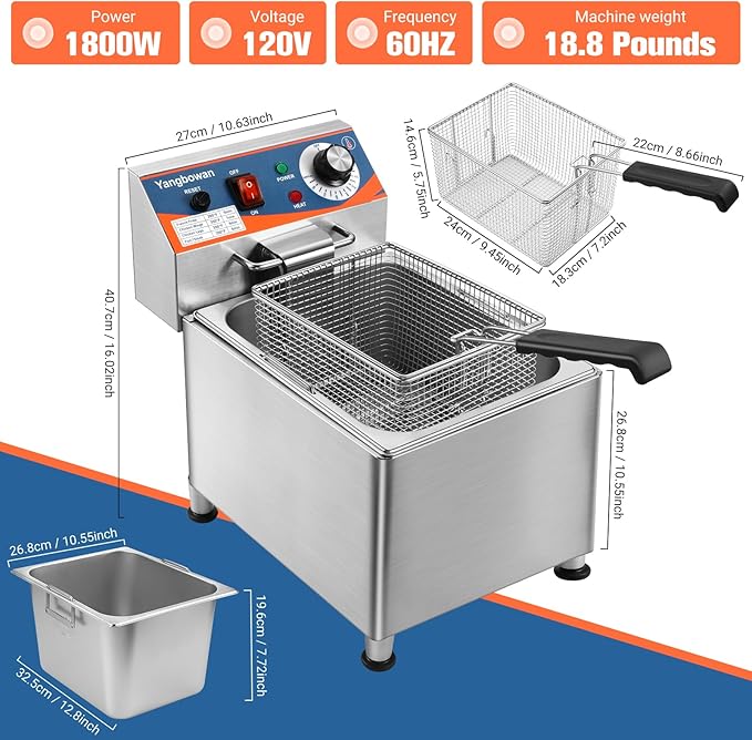 12L Commercial Deep Fryer,1800W Deep Fryer with Basket,Adjustable Temperature,Lid,Stainless Steel Body DeepFryer Pot,Electric Coumtertop Fryer for Commercial Restaurant Home Use