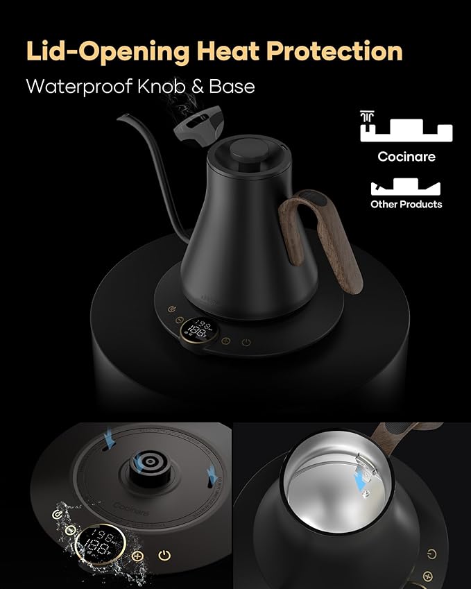 Cocinare Barista Collection Gooseneck Electric Kettle, ±1℉ Precise Temperature Control for Pour-Over Coffee & Tea, Quick Heating 1500W, Stainless Steel Interior, 0.9L (Goya Walnut)