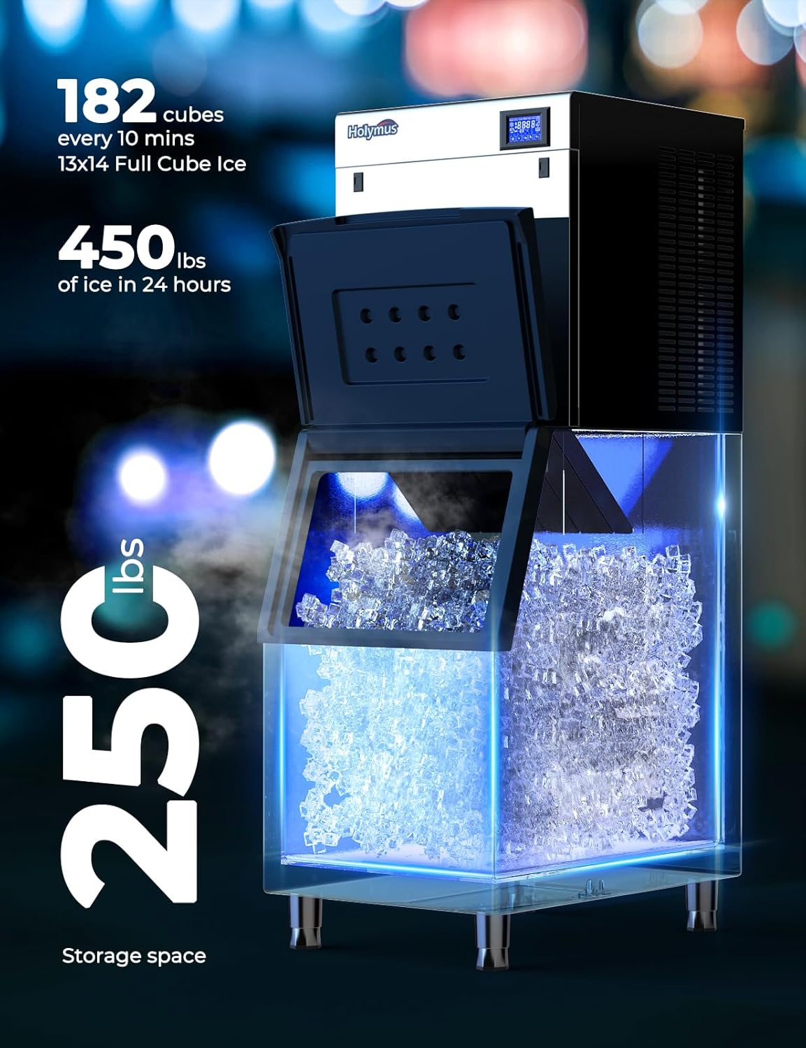 Pro 22" Commercial Ice Maker Machine 450LBS/24H with 250LBS Storage Bin, Powerfull Compressor, 182 Full Cube Ice Ready in 8-15 min, Air Cooled, Industrial Ice Machine for Business