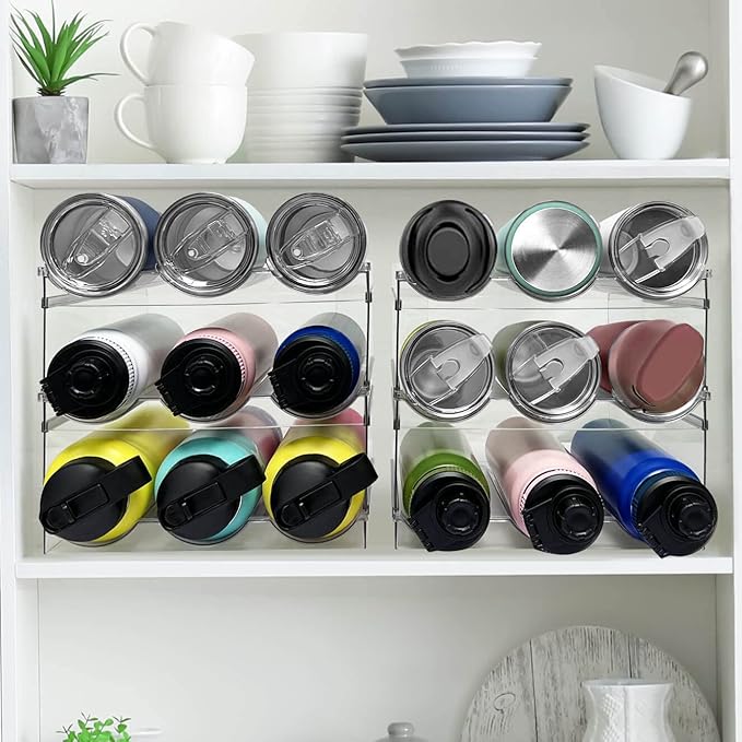 6 Pack Water Bottle Organizer, Stackable Kitchen Home Pantry Organization and Storage Shelf, Plastic Water Bottle Holder for Kitchen Cabinet Storage, Wine Tumbler Travel Mug Cup Organizer