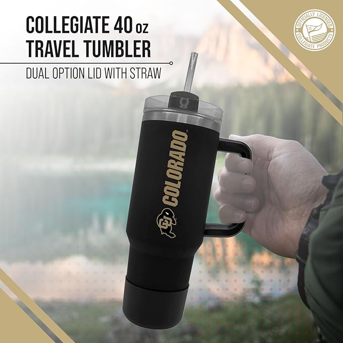 Campus Colors College & University 40 oz Travel Tumbler With Handle - Dual Option Lid With Straw - Vacuum Insulated Stainless Steel (Colorado Buffaloes - Black)