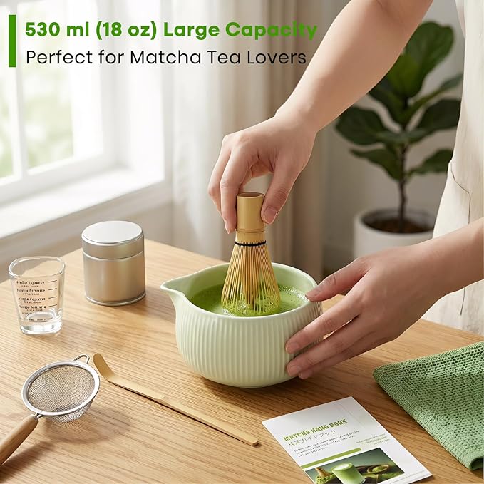 Matcha Whisk Set, 15PCS Ceramic Matcha Bowl Kit, Includes Bamboo Whisk & Holder, Glass Measuring Cup, Caddy, Sifter, Scoop, Tea Towel, Tea Mat, Making Sets for Lovers, Green