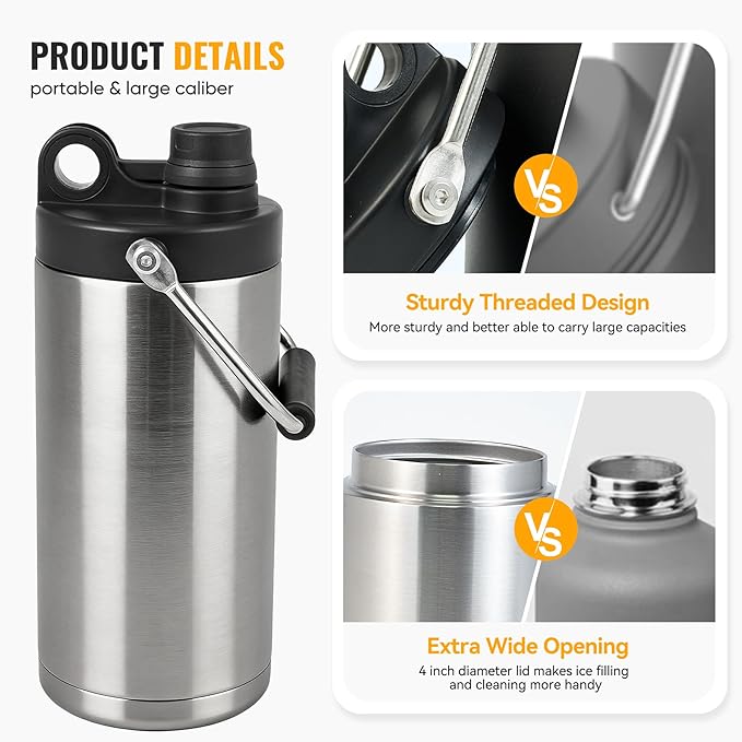 Kerilyn Insulated Half Gallon Jug with Handle, 64oz Stainless Steel, Large Double Vacuum Water Bottle for Hot & Cold Drinks, Wide Mouth, Sweat Proof, Great for Travel, Camping, Black