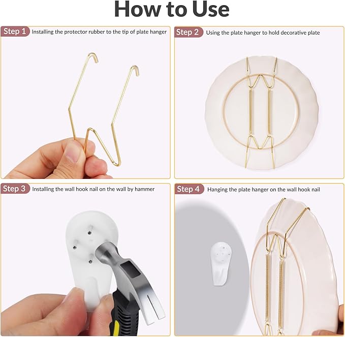 16-Pack Invisible Wall Plate Hangers, 6/8/10/12 Inch Brass Plate Holders with 20-Pack Wall Hooks