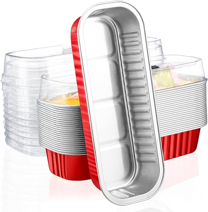 EUSOAR Disposable Ramekins with Lids, 25pcs 6.8oz 6.5"x2.5"x1.2" Aluminum Foil Mini Loaf Pans with Lids，Rectangle Cupcake Baking Cups Containers Wrappers, Dessert Cheesecake Creme Brulee Ramekins Pan