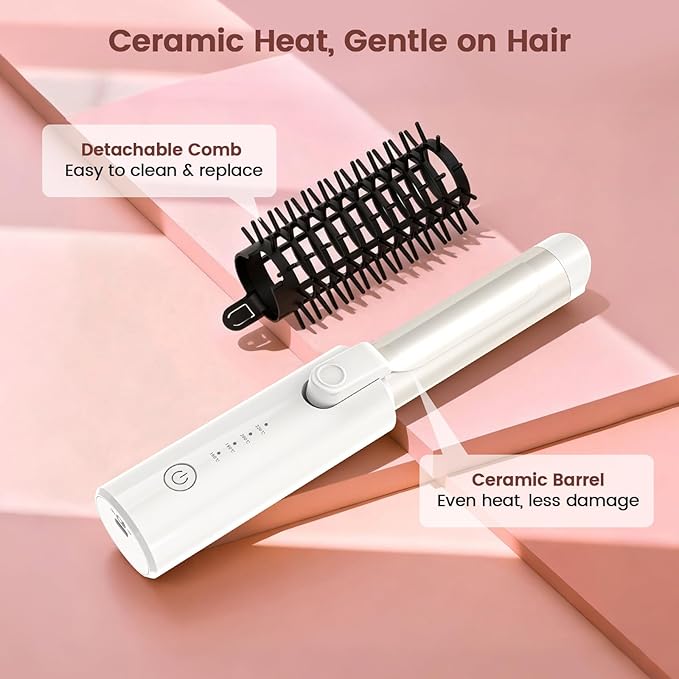 Youbella Cordless Hair Curling Iron Brush, Portable Travel Hair Curler, Mini 1.5″ Heated Round Brush, 3-in-1 USB Rechargeable Straightening Wand for Styling & Smoothing, 200 Million Ionic Care, White