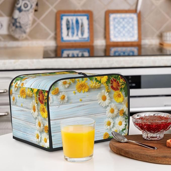 Spring Daisies Wooden Covers for 4 Slice Toasters,Cute Country Bread Machine Cover with Handle,Washable Stain Resistant Kitchen Small Appliance Cover Dining Decor