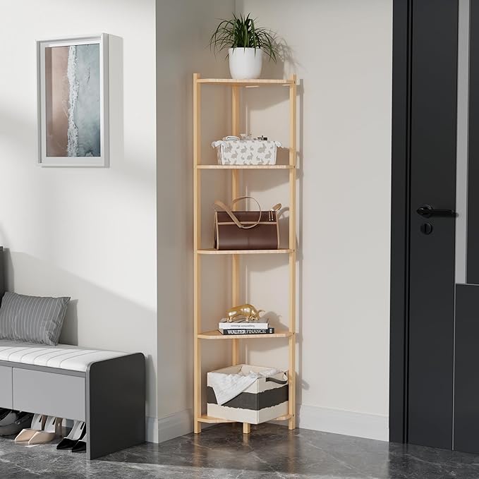 Wisuce Corner Shelf, 100% Real Bamboo Shower Corner Shelves Free Standing Shelf Storage Organizer for Bathroom Living Room Kitchen (Natural, 5 Tier)