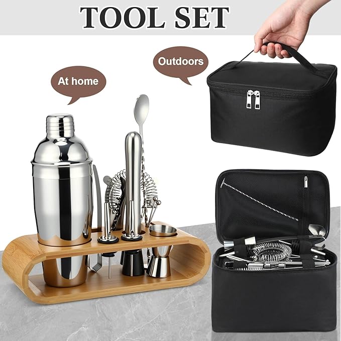 16 Pcs Bartender Kit Bag with Stand Portable Cocktail Shaker Set, 25oz Stainless Steel Barware Kit with Jigger, Strainer, Spoon, Ice Tongs, Gift for Cocktail Lover Travel